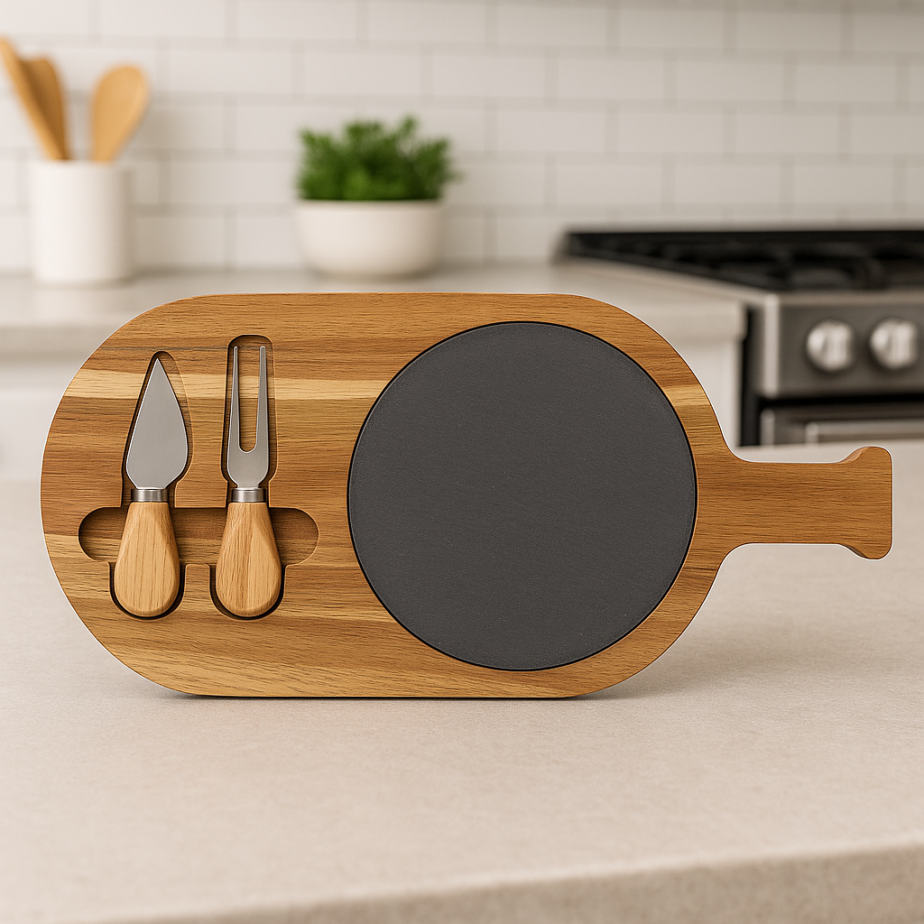 Personalized Slate & Wood Cheese Board with Knives