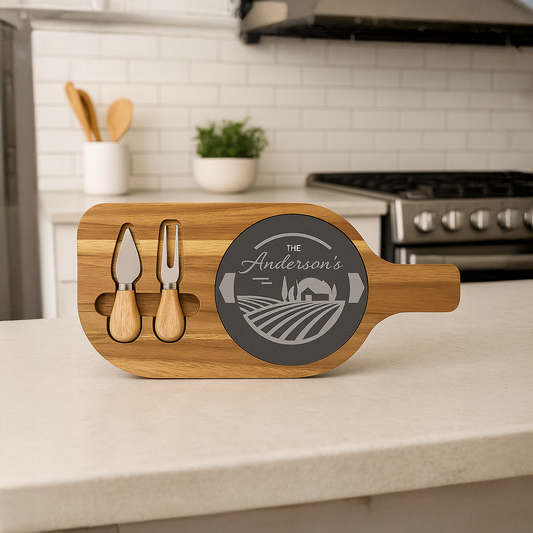 Personalized Slate & Wood Cheese Board with Knives