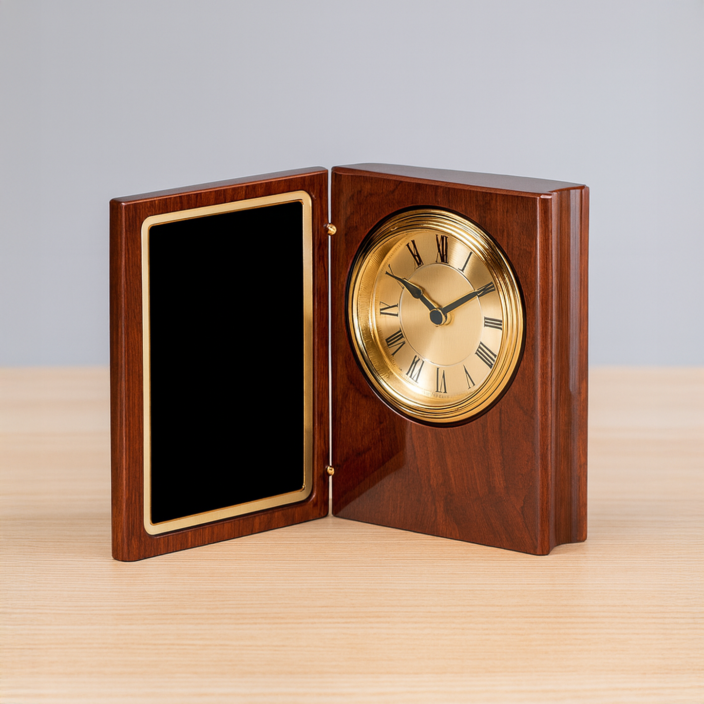 Elegant Engravable Walnut Desk Clock with Hinged Plaque (WC36)