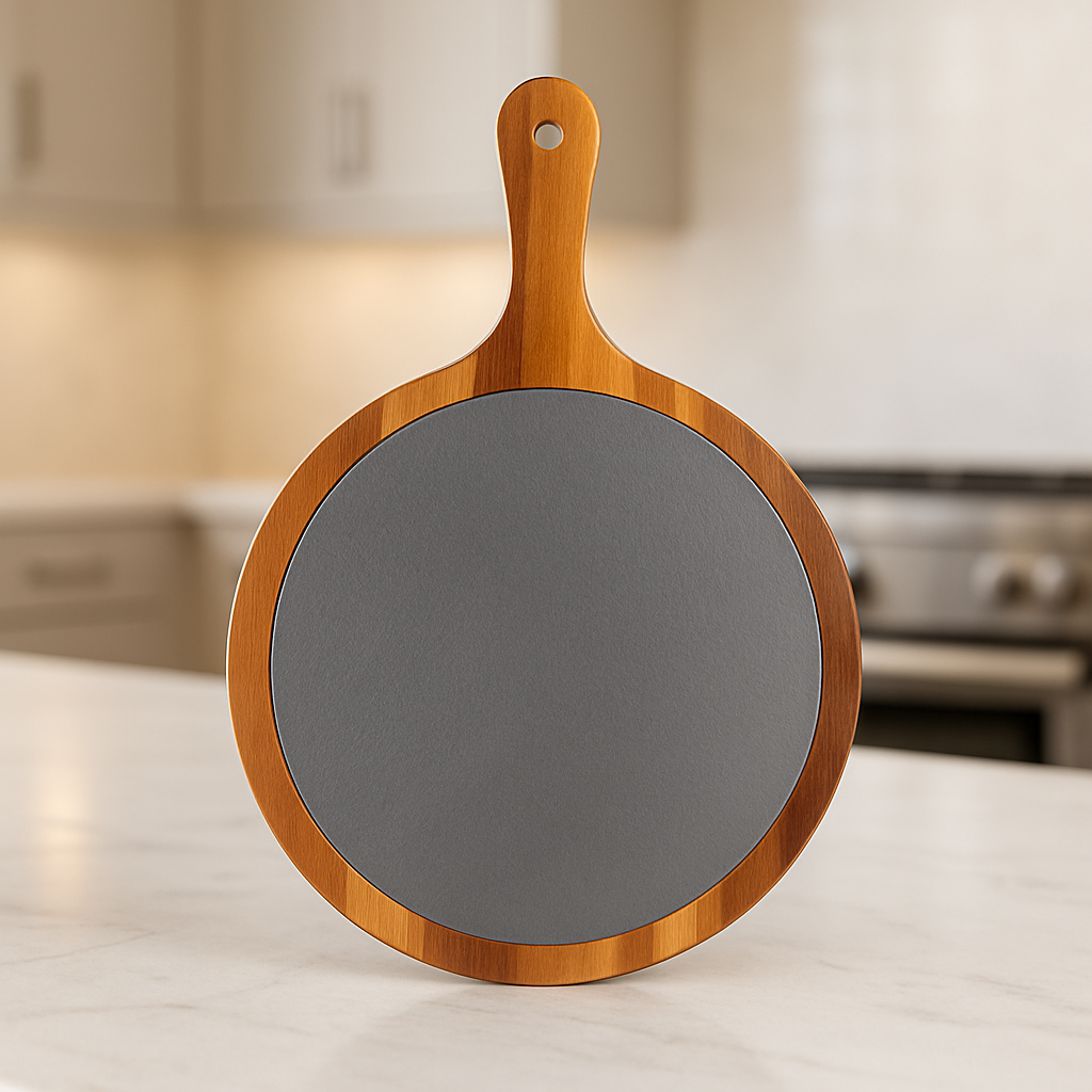 Round Acacia Wood/Slate Serving Board with Handle