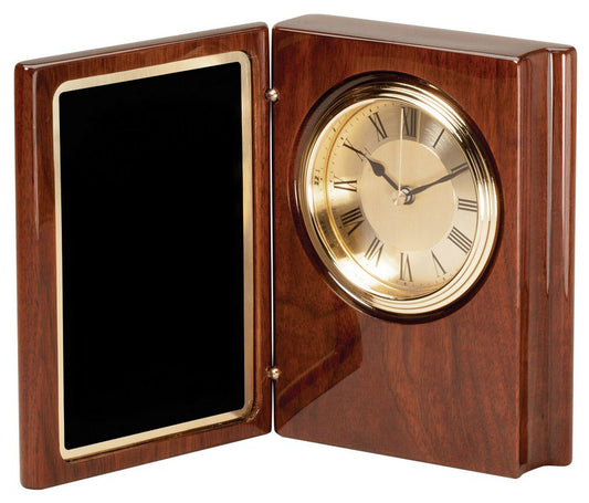Elegant Engravable Walnut Desk Clock with Hinged Plaque (WC36)