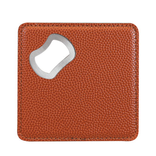 Sleek bottle opener and coaster combination, perfect for a personalized gift!